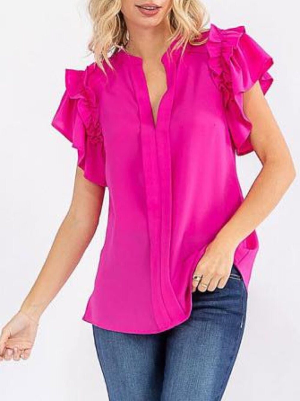 Vine & Love Summer Top Dressy Casual V Neck Ruffle Short Sleeve Solid Blouse